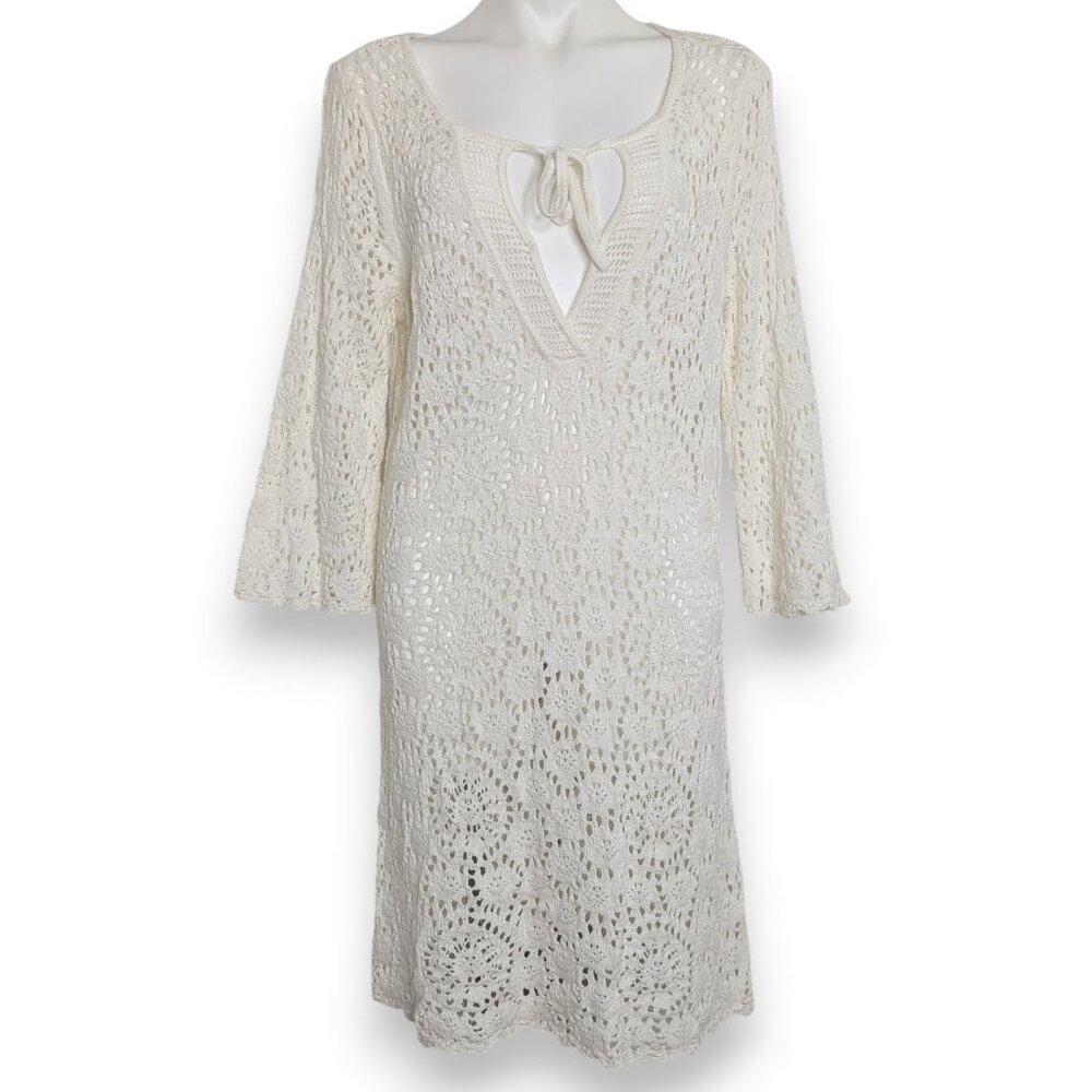 Off White Cream Open Knit Crochet Bell Sleeve V Neck Sheer Dress Cover Up